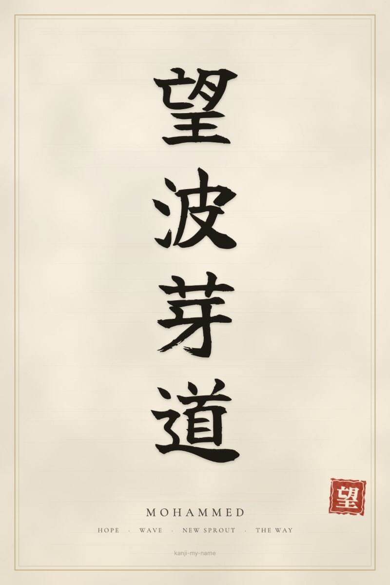 Mohammed in kanji: 望波芽道 — artistic ateji