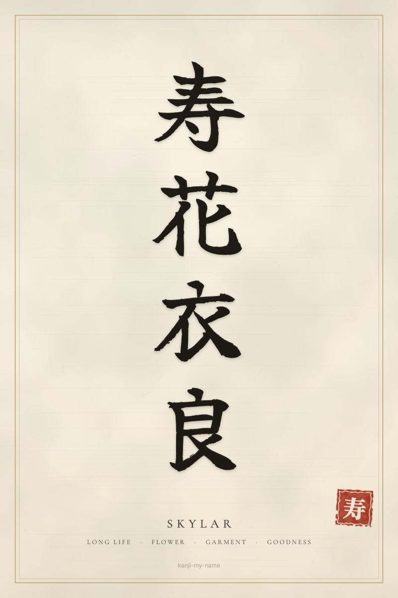 Skylar in kanji: 寿花衣良 — artistic ateji